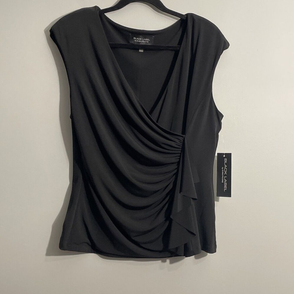 Black Label by Evan Black Faux Wrap Blouse Women’s Size L Short Sleeve NWT Top